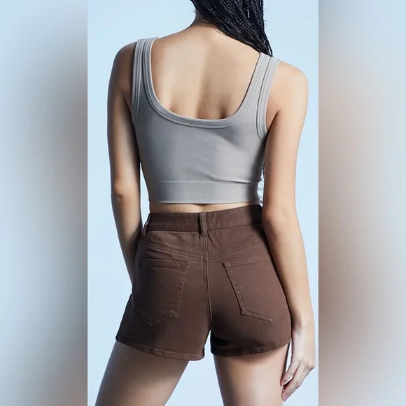 PacSun Brown Stretch High Waisted Denim Shorts - Picture 2 of 4